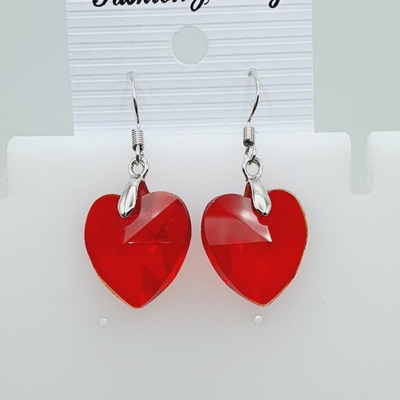 Red Crystal Heart Dangle Earrings, AZFA1180 - Picture 1 of 11